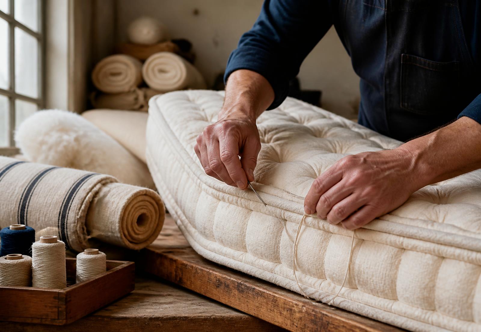 Matelassier piquant un matelas à la main dans l'atelier